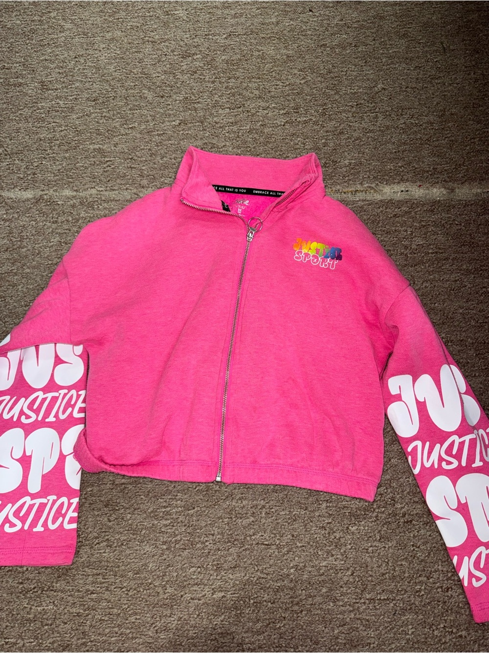 Justice Bright Pink Zip-Up Sporty Jacket with White Sleeve Graphics